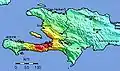 Mapa mostrando os efeitos do terremoto de 2010 no Haiti. Em vermelho e em amarelo, as zonas atingidas.