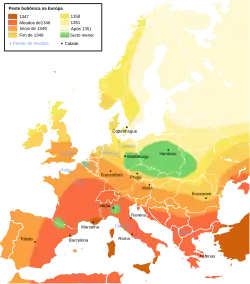 Difusão da peste negra na Europa. Somente as regiões em verde não sofreram os efeitos da peste.