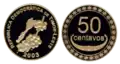 Moeda de cinquenta centavos do Timor-Leste com o desenho de um pé de café (a principal riqueza agrícola do país) e de um kaibauk (símbolo de status dentro da sociedade timorense)