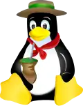 Tux, o mascote oficial do sistema operacional GNU/Linux, vestido de gaúcho e tomando um chimarrão