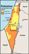 Mapa com o plano da Organização das Nações Unidas de 1947 de divisão da Palestina em um território árabe (em amarelo), um judeu (em laranja) e um sob administração internacional (em branco)