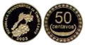 Moeda de cinquenta centavos do Timor-Leste com o desenho de um pé de café (a principal riqueza agrícola do país) e de um kaibauk (símbolo de status dentro da sociedade timorense)