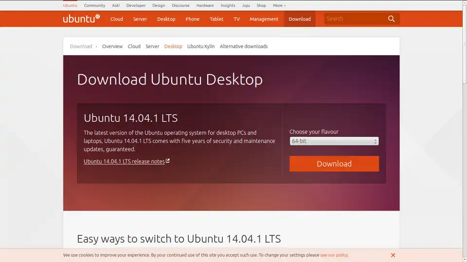Imagem1 - Página inicial da página de download do Ubuntu 14.04 LTS.