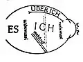 Gráfico desenhado por Freud e publicado em 1933 representando o superego (überich), o ego (ich) e o id (es). Entre o ego e o id, está o recalque (verdrängt)