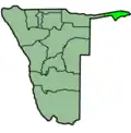 Em verde-claro, a localização da Faixa de Caprivi dentro da Namíbia