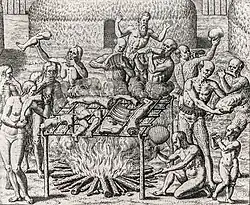 Gravura de Théodore de Bry, de 1562, retratando o canibalismo entre os índios tamoios