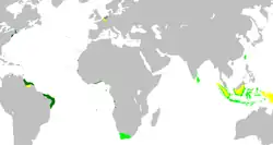 Extensão do antigo império colonial holandês. Os países em verde-claro foram as Índias Orientais Holandesas;os em verde-escuro foram as Índias Ocidentais Holandesas
