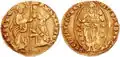 Ducato veneziano de ouro do século XV com o retrato de São Marcos de um lado e o de Jesus Cristo do outro