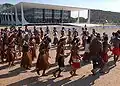 Índios pataxós protestam em frente ao Supremo Tribunal Federal em Brasília contra a invasão de suas terras