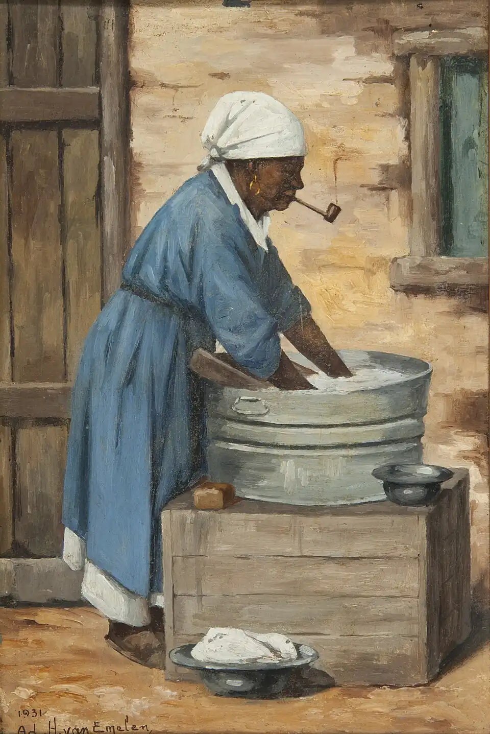 Negra com Cachimbo, Turbante Branco Lavando Roupa