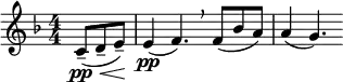 \relative c' { \clef treble \key f \major \numericTimeSignature \time 4/4 \partial 8*3 c8(\pp\<-- d-- e--)\! | e4\pp( f4.)\breathe f8( bes a) | a4( g4.) }