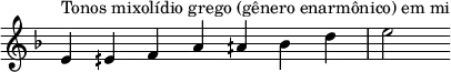 { \key e \locrian \override Score.TimeSignature #'stencil = ##f \relative c' { \clef treble \time 7/4 e4^\markup { Tonos mixolídio grego (gênero enarmônico) em mi } eih f a aih bes d e2 } }