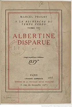 Capa da primeira edição, da Gallimard, de 1925: Albertine disparue (I).
