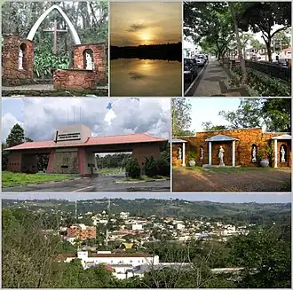 Acima, à esquerda, vista do Bosque Municipal; ao meio, um pôr do sol no Lago das Palmeiras; à direita, a rua principal. Ao centro, à esquerda, o Portal da cidade; à direita a Fonte Almeida Salles, uma das três fontes de água hidromineral de Águas de São Pedro. Abaixo uma panorâmica da cidade.