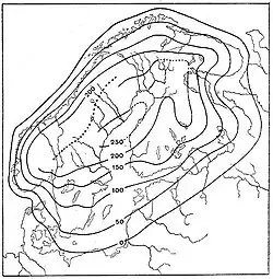 Ilustração em preto e branco representando oscilações verticais de larga escala na crosta terrestre ao longo do tempo geológico, com curvas e perfis indicando elevações e subsidências.