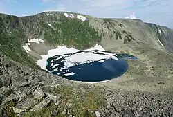 Um conjunto de rochas que se formam montanhas, e ao meio a bacia de kuznetsk