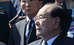 O Secretário da Assembleia Popular Norte Coreana Kim Yong-nam durante o desfile