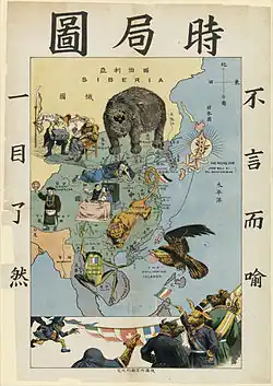 Visão chinesa da situação no leste oriental, 1905. Urso para a Rússia que se intromete do norte, buldogue para o Reino Unido no sul da China, sapo para França no sudeste da Ásia e águia americana para os Estados Unidos que se aproximam das Filipinas.