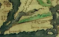 Ano 995 - 1050. Fragmento do Mapa de Cotton.[314] Cópia de uma geografia do século VI, não guarda relação com as outras famílias cartogŕaficas medievais. A península ibérica aparece dividida em tres espaços territoriais: Ispania citerior no sur, Barcinona (Barcelona) no leste e Brigantia (Brigantio - Galiza) a noroeste.[h]