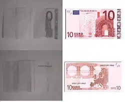 10 euro note picture by a câmera with no IR filter and normal photo for comparison on the right.