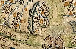 Ano 1225 - 1265. Fragmento do mapa do saltério de Londres.[347] Este pequeno mapa-múndi, que apareceu num livro de salmos em inglês, representa Galizia como a terra mais occidental do orbe, partilhando a península ibérica com Hispania.