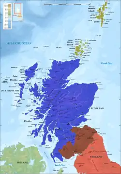 Mapa da Escócia e Norte de Inglaterra com as terras cedidas por Eduardo Balliol a Eduardo III no Tratado de Newcastle (1334) assinaladas
