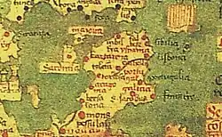 Ano 1448. Fragmento do mapa-múndi de Andreas Walsperger.[368] O mapa, orientado ao sur, apresenta Galicia como o nome do reino que ocupa a parte noroccidental da península.