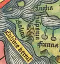 Ano 1493. Fragmento do mapa-múndi da Crónica de Nuremberga de Hartmann Schedel.[374] O mapa, de inspiração Ptolomeica, situa Galicia como o territorio mais occidental do orbe conhecido.