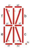 Os segmentos individuais de um display de dezesseis segmentos.