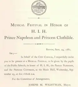 Festival musical, a ser ministrado pelos alunos das Escolas Públicas, em homenagem a HIH, o Príncipe Napoleão e a Princesa Clothilde, 1861