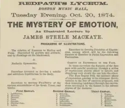 Liceu de Redpath. Boston Music Hall, terça-feira à noite, 20 de outubro de 1874. O mistério da emoção, uma palestra ilustrada de James Steele MacKaye .