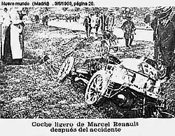 24 de maio de 1903 em Couhé-Vérac, próximo a Poitiers, carro de Marcel Renault após o acidente.