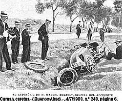 24 de maio de 1903 em Couhé-Vérac, próximo a Poitiers, carro de Marcel Renault durante o acidente fatal.