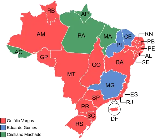 Estados e territórios onde cada candidato venceu, segundo a legenda.