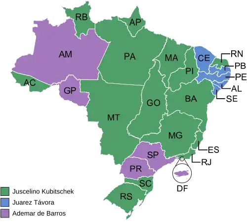 Estados e territórios onde cada candidato venceu, segundo a legenda.