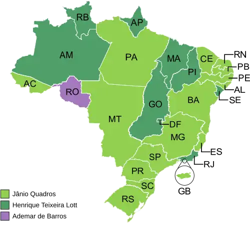 Estados e territórios onde cada candidato venceu, segundo a legenda.