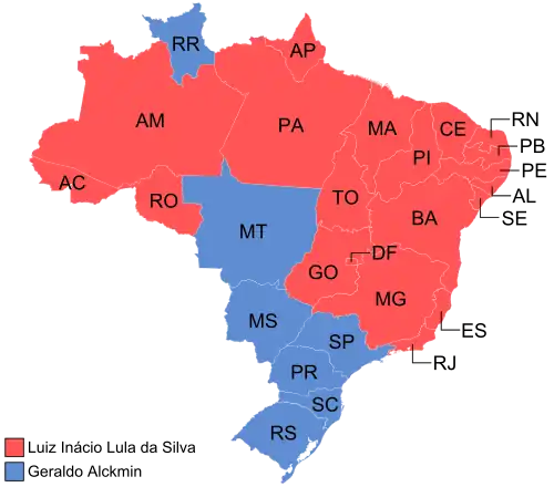 Estados e territórios onde cada candidato venceu, segundo a legenda.