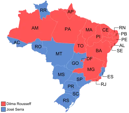 Estados e territórios onde cada candidato venceu, segundo a legenda.