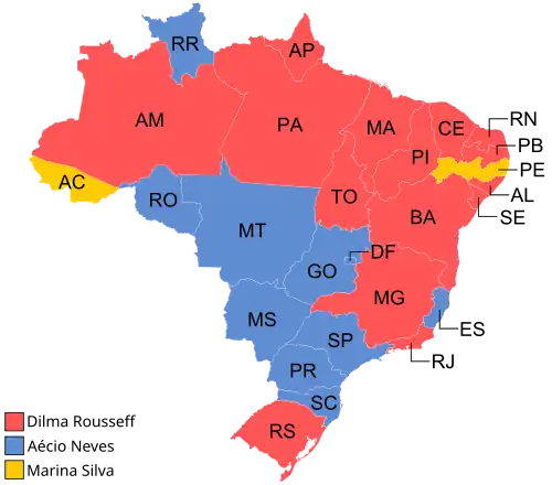 Estados e territórios onde cada candidato venceu, segundo a legenda.