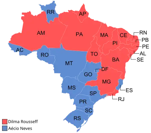 Estados e territórios onde cada candidato venceu, segundo a legenda.