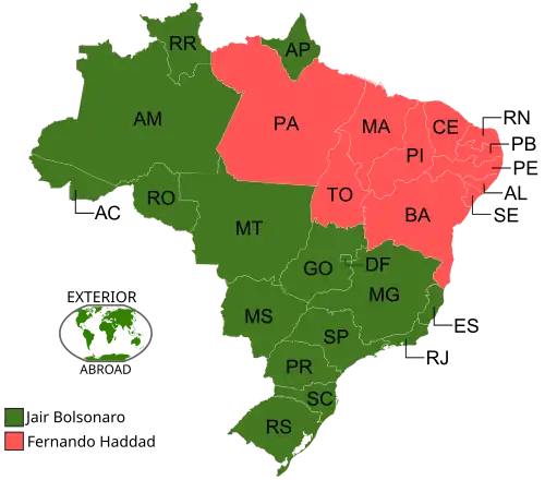 Estados e territórios onde cada candidato venceu, segundo a legenda.