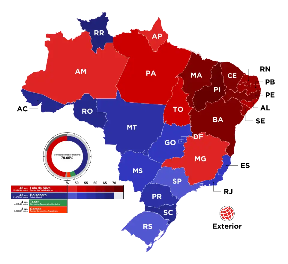 Estados e territórios onde cada candidato venceu, segundo a legenda.