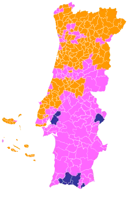 Partido ou coligação mais votado por concelho: PPD/PSD.CDS–PP.PPM e PPD/PSD.CDS–PP - laranja, PS - rosa, CH - azul.