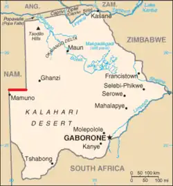 A imagem mostra a exata região onde se localiza o paralelo 22, em Botswana