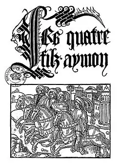 Première page en noir et blanc d'un imprimé avec le titre en écriture gothique, Les quatre fils Aymon, et une gravure les représentant