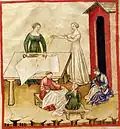 Mulheres trabalhando com linho, em imagem do livro Tacuinum sanitatis.