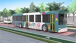 Ilustração de um ônibus circulando em uma via à luz do dia