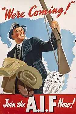 Um desenho de um homem vestindo um terno e chapéu de negócios da década de 1940, segurando um uniforme militar no braço direito e segurando um rifle com a mão esquerda. Há um fundo azul atrás do homem e um corte de um jornal à direita dele.