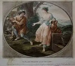 F. Bartolozzi after A. Kauffman. Rhodope apaixonada por Aesop. Cena da comédia inglesa "The history and love of Rhodope". 1780s