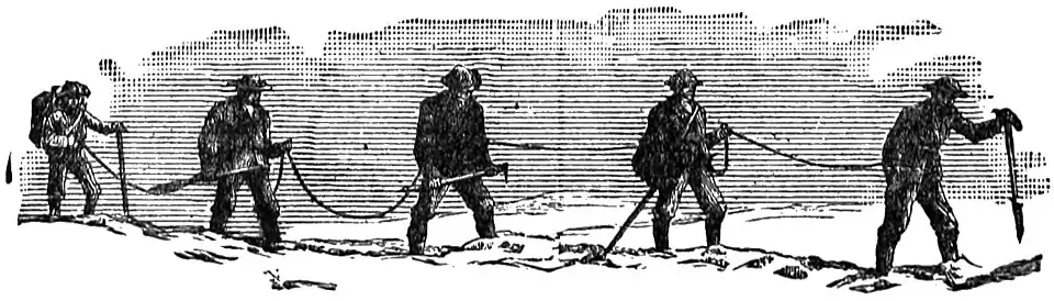 Atados Juntos, publicado anteriormente em Scrambles amongst the Alps, com legenda A Maneira Certa de Usar uma Corda em um Glaciar, com assinaturas "JM" e "Whymper sc"[4]